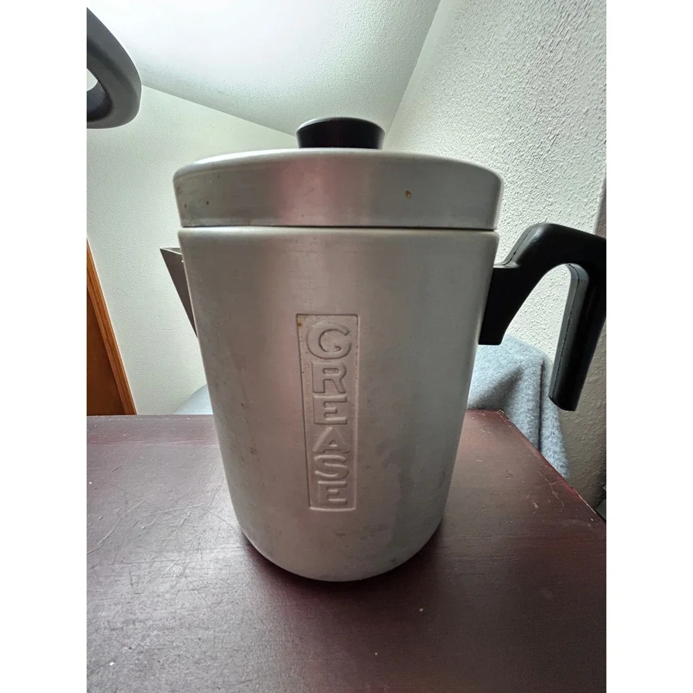 Vintage Aluminum Grease Canister with Strainer and Lid Retro Kitchen Decor